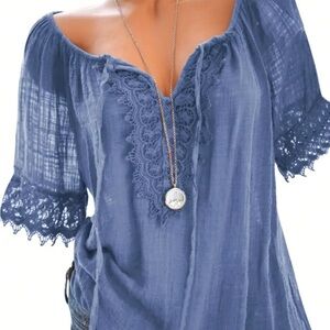 Boho Light Blue Lace Trim Peasant Blouse – Women’s Medium
